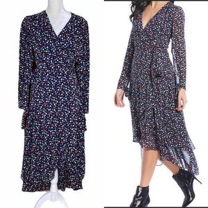 Betsey Johnson High Low Blue Multicolored Polka Dot Wrap Dress Sz 8